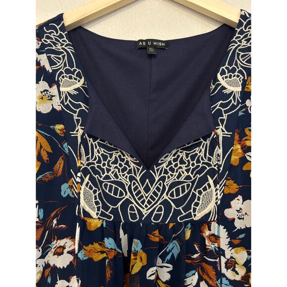 As U Wish Peasant Smock Babydoll Floral Embroidered Dress XL - Picture 3 of 7